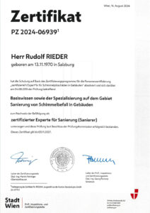 Zertifikat Rudolf Rieder Sanierung Schimmelbefall